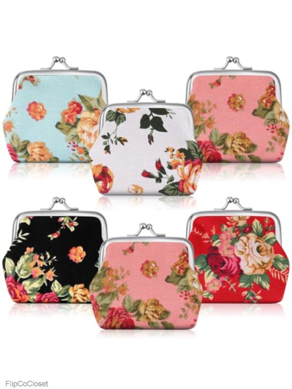 Set of 6 Floral Canvas Coin Purses with Kiss Lock Closure